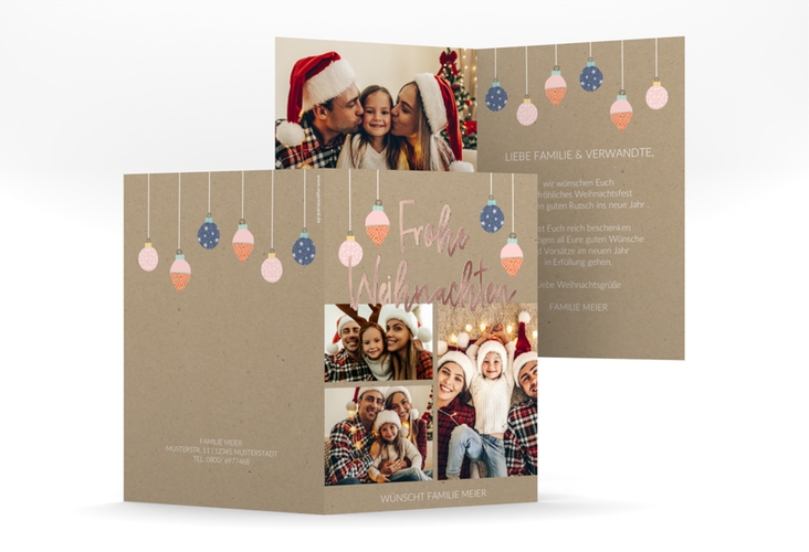 Weihnachtskarte Weihnachtsfreude A6 Klappkarte hoch Kraftpapier rosegold