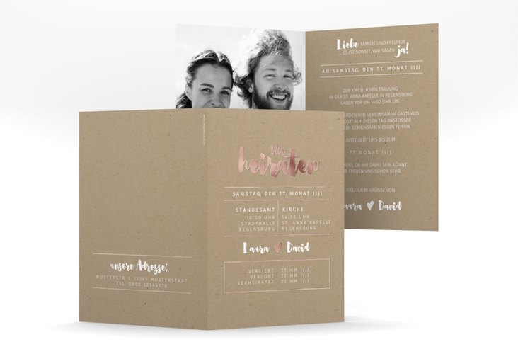 Einladungskarte Hochzeit Letterbox A6 Klappkarte hoch Kraftpapier rosegold