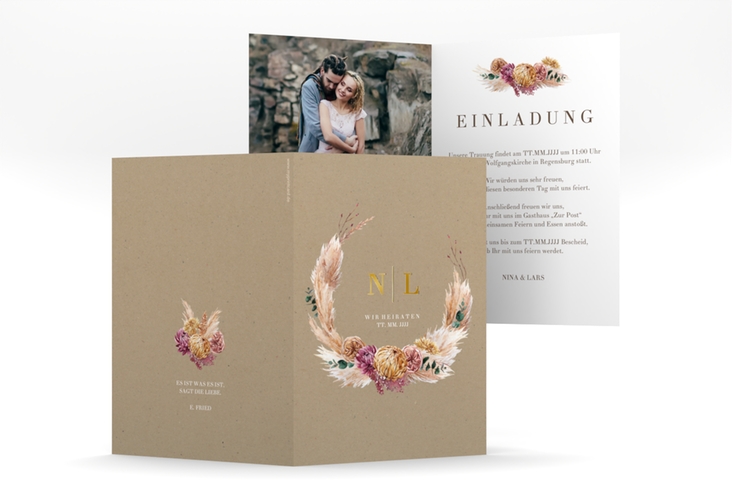 Einladungskarte Hochzeit Bohochic A6 Klappkarte hoch Kraftpapier gold mit Gräsern und Trockenblumen für Boho-Hochzeit