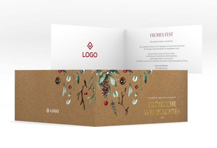 Geschäftliche Weihnachtskarte Weihnachtsgrüße lange Klappkarte quer Kraftpapier gold mit modernem Pflanzen-Dekor