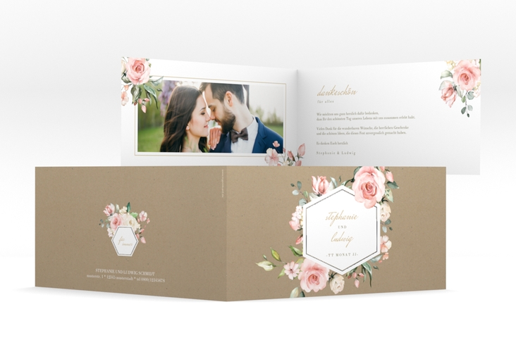 Danksagungskarte Hochzeit Graceful lange Klappkarte quer Kraftpapier silber mit Rosenblüten in Rosa und Weiß