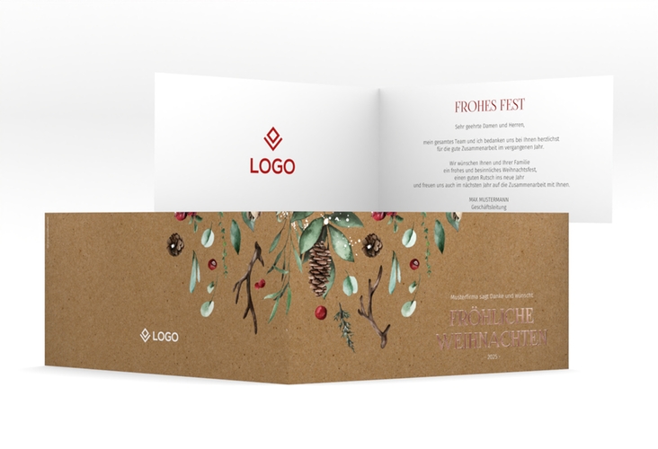 Geschäftliche Weihnachtskarte Weihnachtsgrüße lange Klappkarte quer Kraftpapier rosegold mit modernem Pflanzen-Dekor