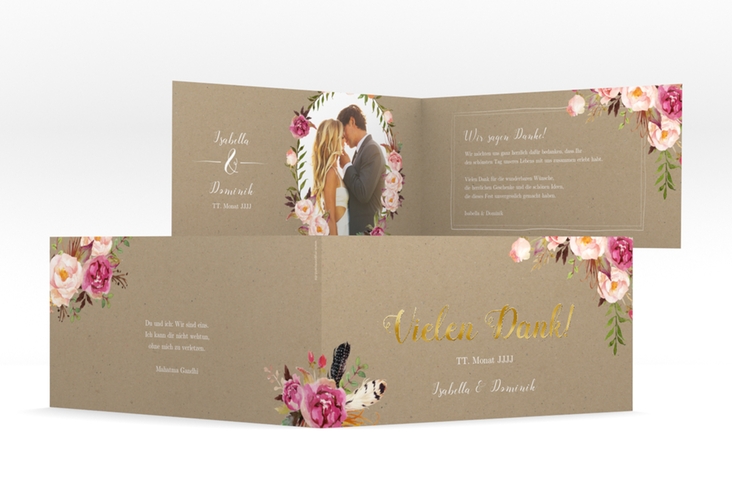 Danksagungskarte Hochzeit Flowers lange Klappkarte quer Kraftpapier gold mit bunten Aquarell-Blumen