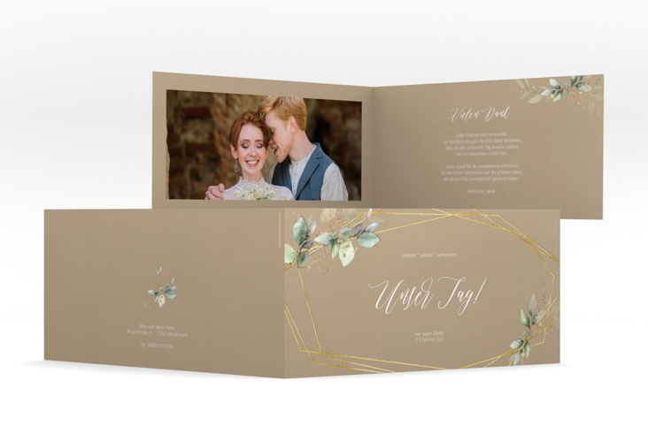Danksagungskarte Hochzeit Greenish lange Klappkarte quer Kraftpapier gold