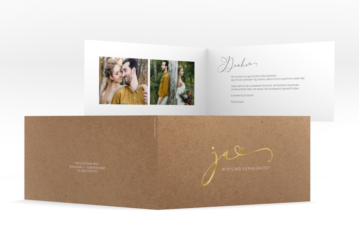 Danksagungskarte Hochzeit Jawort lange Klappkarte quer Kraftpapier gold modern minimalistisch mit veredelter Aufschrift
