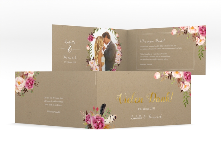 Danksagungskarte Hochzeit Flowers lange Klappkarte quer Kraftpapier gold mit bunten Aquarell-Blumen