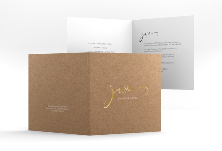 Hochzeitseinladung Jawort quadr. Klappkarte Kraftpapier gold modern minimalistisch mit veredelter Aufschrift