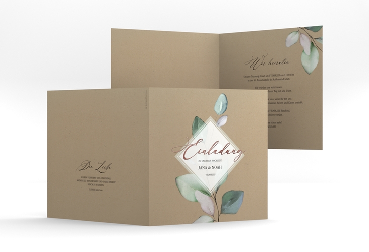 Hochzeitseinladung Foglia quadr. Klappkarte Kraftpapier rosegold edel mit Eukalyptus im Aquarell-Design