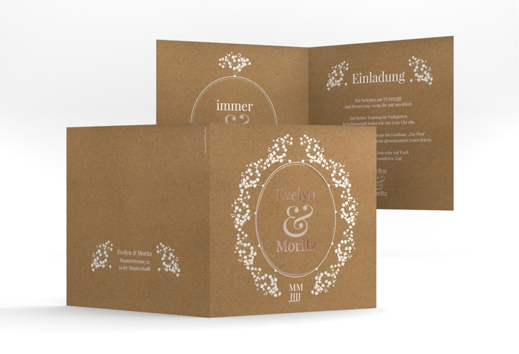 Hochzeitseinladung Gypsophila quadr. Klappkarte Kraftpapier rosegold im Vintage-Stil mit Blumenkranz aus Schleierkraut