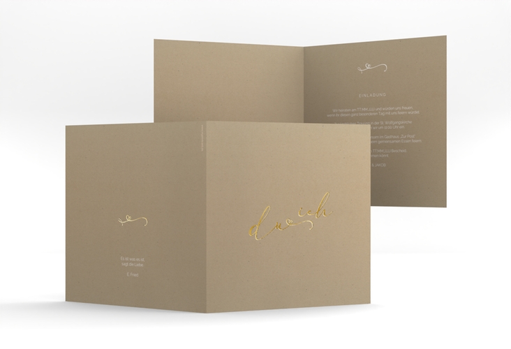 Hochzeitseinladung Zweisamkeit quadr. Klappkarte Kraftpapier gold im minimalistischen Stil mit Aufschrift du & ich