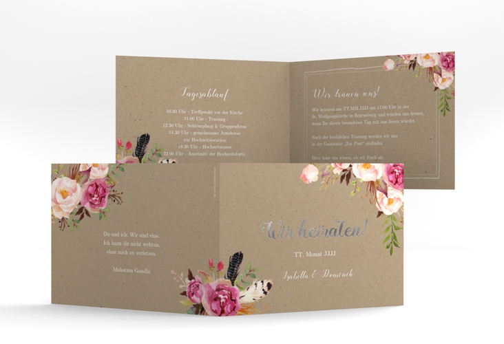 Hochzeitseinladung Flowers A6 Klappkarte quer Kraftpapier silber mit bunten Aquarell-Blumen