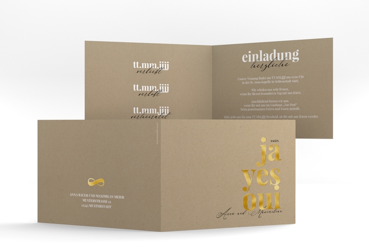 Hochzeitseinladung Oui A6 Klappkarte quer Kraftpapier gold mit Ja-Wort in verschiedenen Sprachen