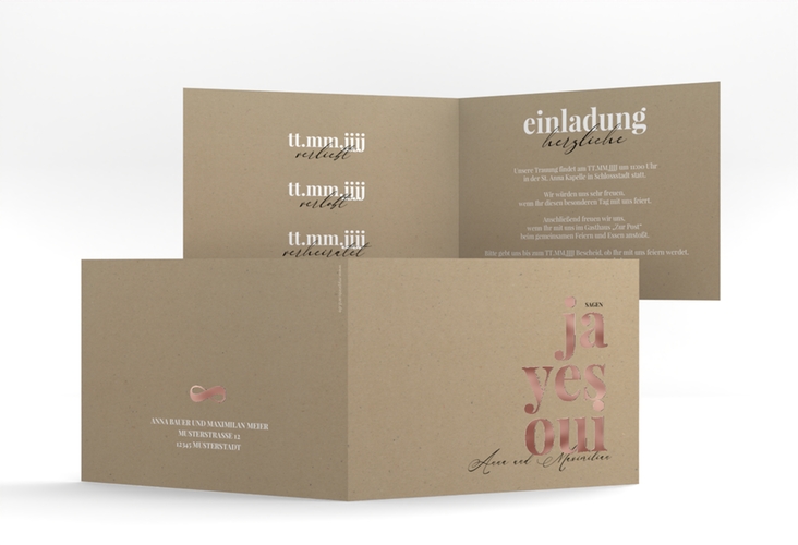 Hochzeitseinladung Oui A6 Klappkarte quer Kraftpapier rosegold mit Ja-Wort in verschiedenen Sprachen