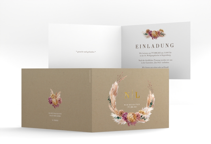 Hochzeitseinladung Bohochic A6 Klappkarte quer Kraftpapier gold