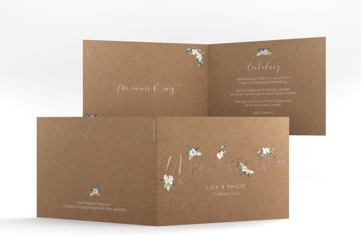 Hochzeitseinladung Inlove A6 Klappkarte quer Kraftpapier rosegold