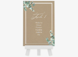 Klick: Details zu Tischaufsteller Hochzeit "Eucalypt" anzeigen Tischaufsteller Hochzeit Eucalypt Tischaufsteller Kraftpapier mit Eukalyptus und edlem Rahmen