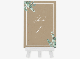 Klick: Details zu Tischnummer Hochzeit "Eucalypt" anzeigen Tischnummer Hochzeit Eucalypt Tischaufsteller Kraftpapier mit Eukalyptus und edlem Rahmen