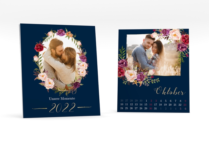 Foto-Tischkalender Floral Kalenderblatt-Karte blau gold