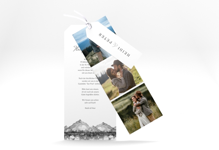 Hochzeitseinladung Bergliebe Kartentrio grau mit Gebirgspanorama für Berghochzeit