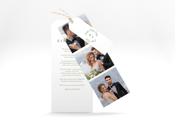 Hochzeitseinladung Filigrana Kartentrio gruen in reduziertem Design mit Initialen und zartem Blätterkranz
