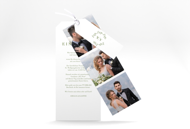 Hochzeitseinladung Filigrana Kartentrio gruen in reduziertem Design mit Initialen und zartem Blätterkranz
