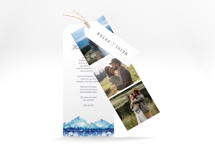 Hochzeitseinladung Bergliebe Kartentrio blau hochglanz mit Gebirgspanorama für Berghochzeit