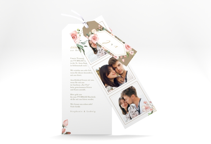 Hochzeitseinladung Graceful Kartentrio Kraftpapier hochglanz mit Rosenblüten in Rosa und Weiß