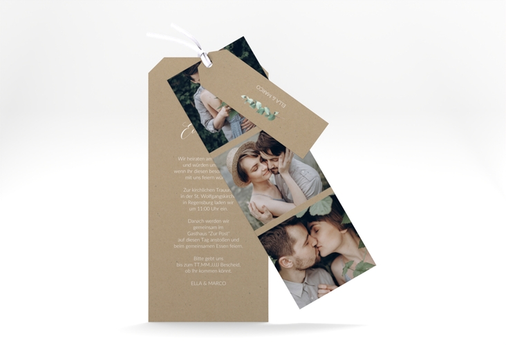 Hochzeitseinladung Silverleaf Kartentrio Kraftpapier mit Eukalyptus-Zweig