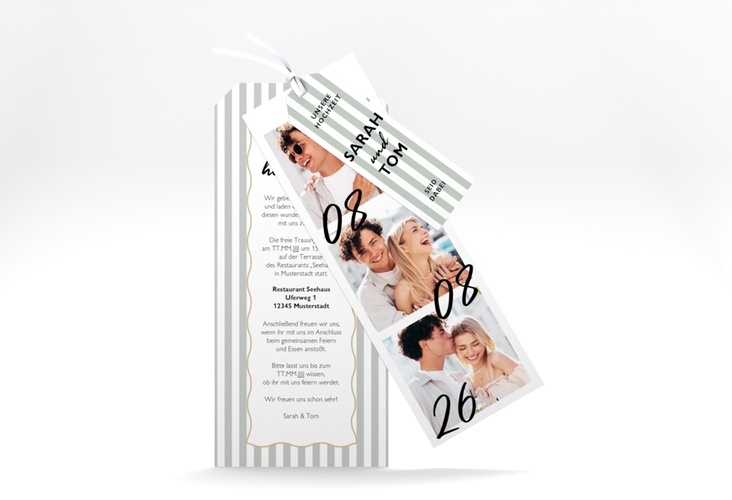 Hochzeitseinladung Strips Kartentrio gruen mit Streifenmuster