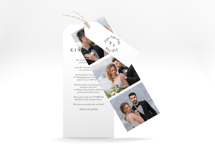 Hochzeitseinladung Filigrana Kartentrio schwarz in reduziertem Design mit Initialen und zartem Blätterkranz