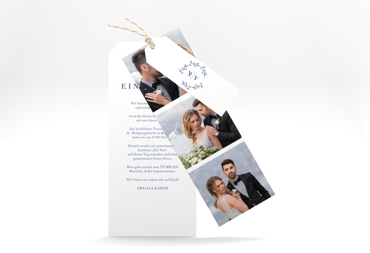 Hochzeitseinladung Filigrana Kartentrio blau hochglanz in reduziertem Design mit Initialen und zartem Blätterkranz