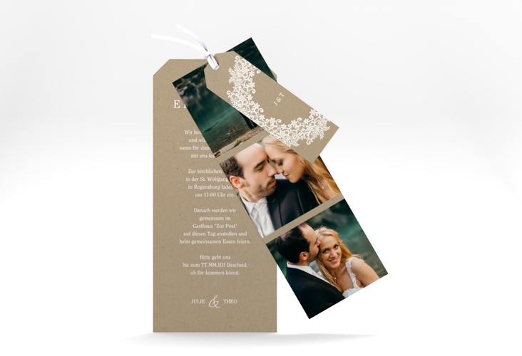 Hochzeitseinladung Mariage Kartentrio mit Bogen aus weißer Spitze