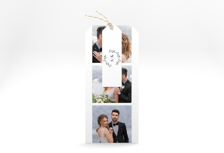Hochzeitseinladung Filigrana Kartentrio schwarz hochglanz in reduziertem Design mit Initialen und zartem Blätterkranz