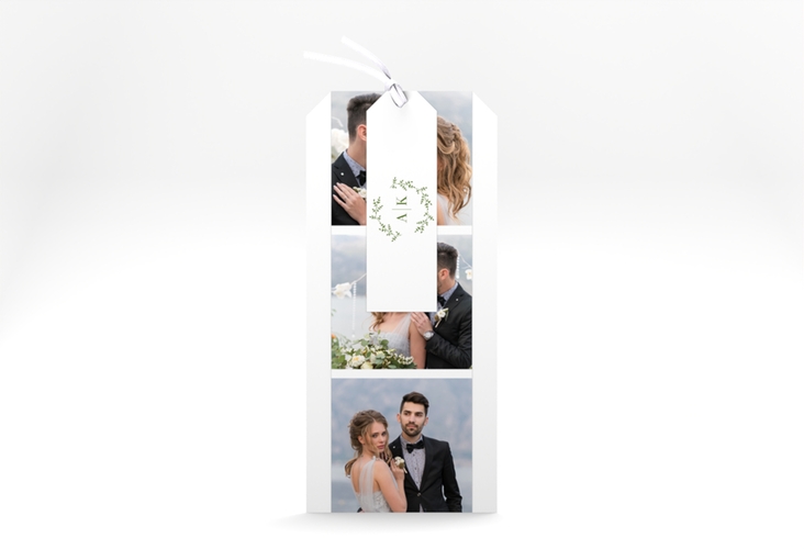 Hochzeitseinladung Filigrana Kartentrio gruen hochglanz in reduziertem Design mit Initialen und zartem Blätterkranz