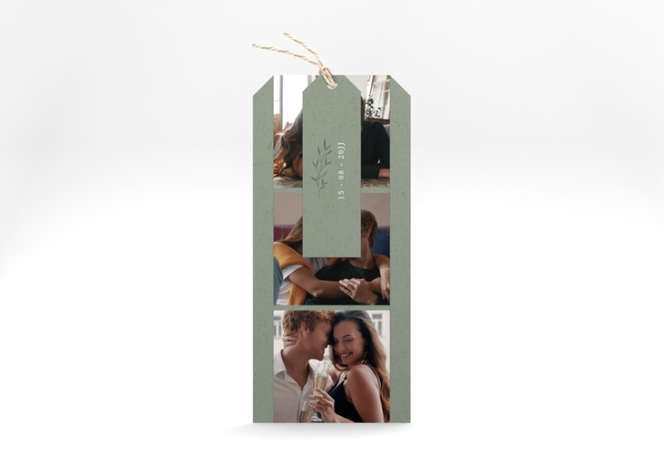 Hochzeitseinladung Greenletter Kartentrio gruen hochglanz mit Initialen in elegantem Goldrahmen mit Blättern