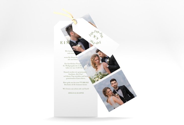Hochzeitseinladung Filigrana Kartentrio gruen in reduziertem Design mit Initialen und zartem Blätterkranz