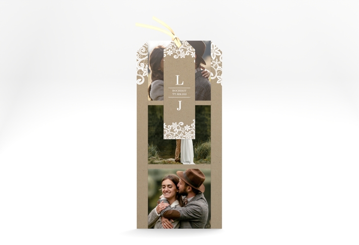 Hochzeitseinladung Bella Kartentrio hochglanz mit weißer Brautspitze um Initialen