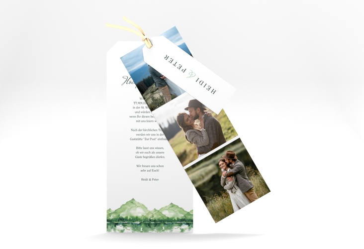 Hochzeitseinladung Bergliebe Kartentrio gruen hochglanz mit Gebirgspanorama für Berghochzeit