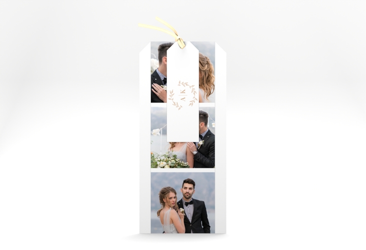 Hochzeitseinladung Filigrana Kartentrio beige hochglanz in reduziertem Design mit Initialen und zartem Blätterkranz