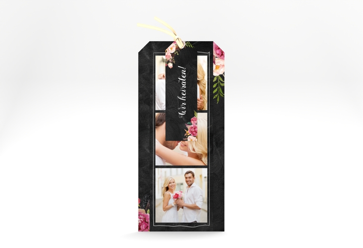 Hochzeitseinladung Flowers Kartentrio schwarz hochglanz mit bunten Aquarell-Blumen