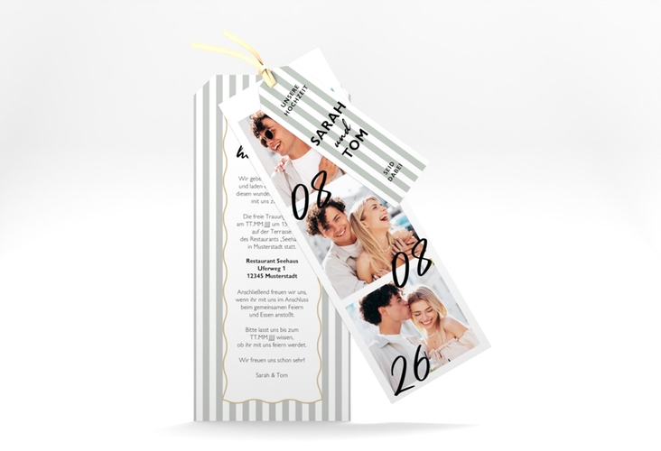 Hochzeitseinladung Strips Kartentrio gruen mit Streifenmuster