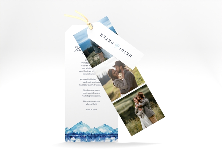 Hochzeitseinladung Bergliebe Kartentrio blau mit Gebirgspanorama für Berghochzeit