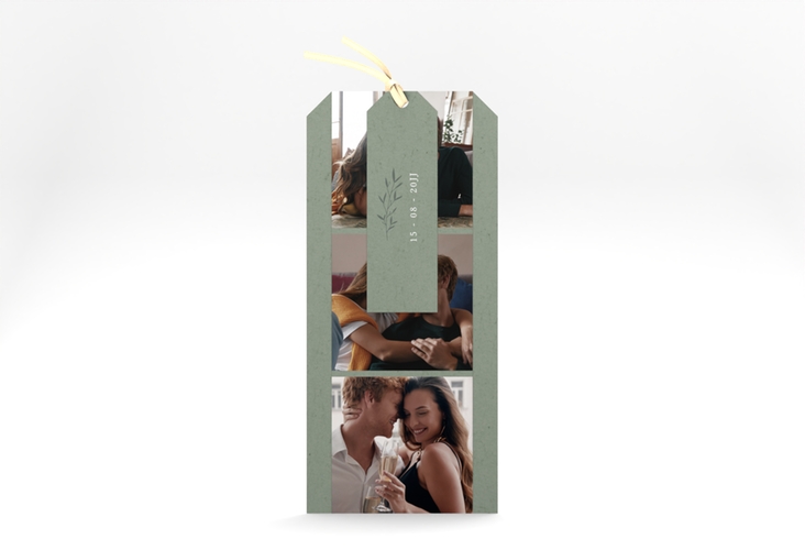 Hochzeitseinladung Greenletter Kartentrio gruen hochglanz mit Initialen in elegantem Goldrahmen mit Blättern