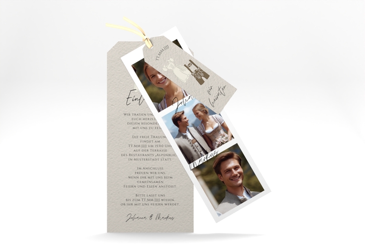 Hochzeitseinladung Trachtenhochzeit Kartentrio beige mit Dirndl und Lederhose