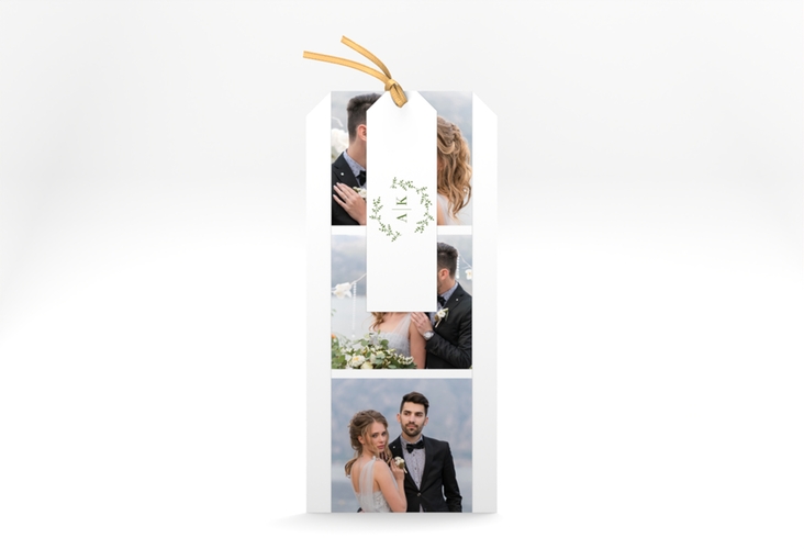 Hochzeitseinladung Filigrana Kartentrio gruen hochglanz in reduziertem Design mit Initialen und zartem Blätterkranz