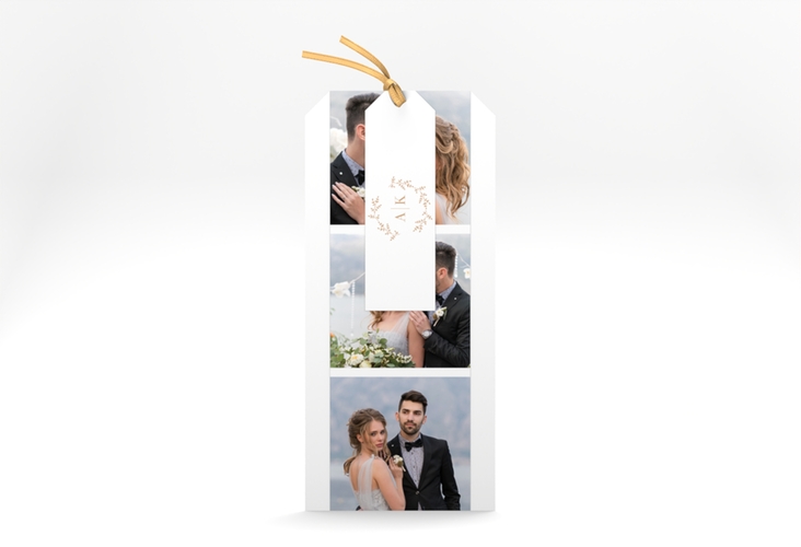 Hochzeitseinladung Filigrana Kartentrio beige hochglanz in reduziertem Design mit Initialen und zartem Blätterkranz