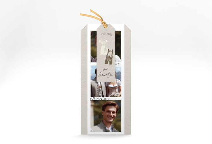 Hochzeitseinladung Trachtenhochzeit Kartentrio beige mit Dirndl und Lederhose