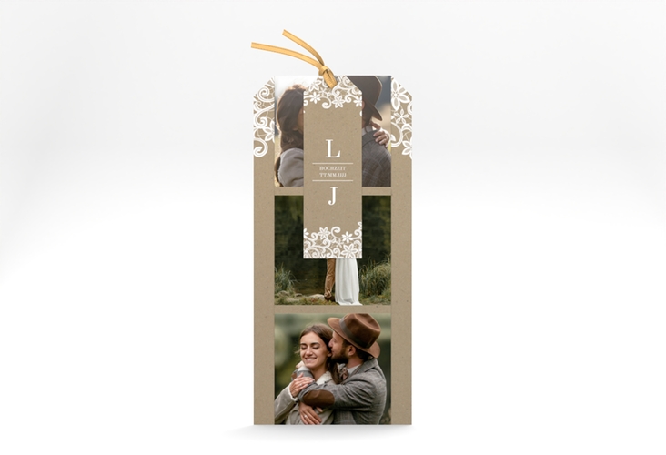 Hochzeitseinladung Bella Kartentrio Kraftpapier mit weißer Brautspitze um Initialen