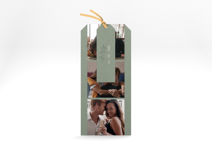 Hochzeitseinladung Greenletter Kartentrio gruen mit Initialen in elegantem Goldrahmen mit Blättern