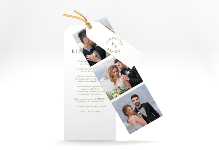 Hochzeitseinladung Filigrana Kartentrio gruen in reduziertem Design mit Initialen und zartem Blätterkranz